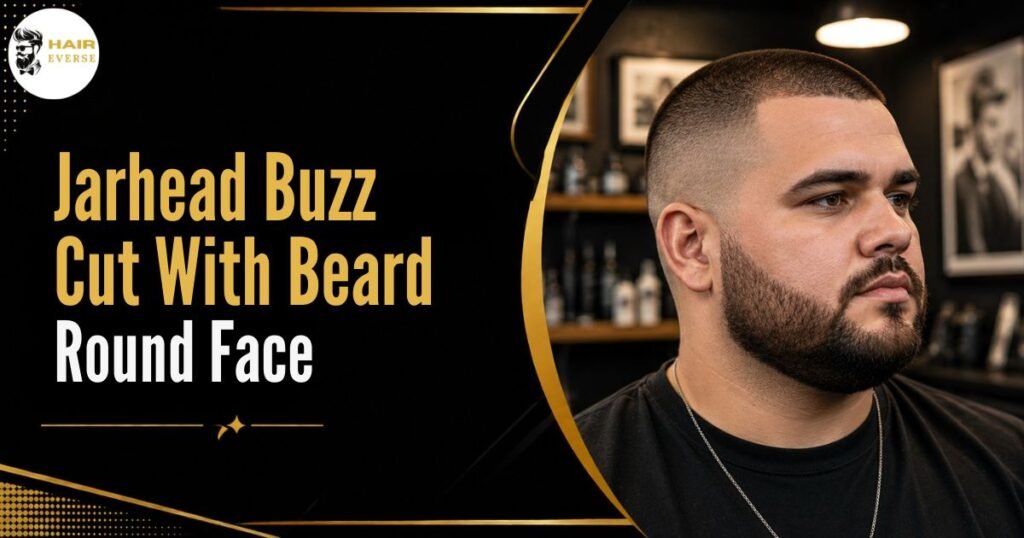 Jarhead buzz cut with beard round face