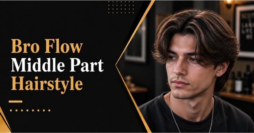Man with a bro flow hairstyle and middle part