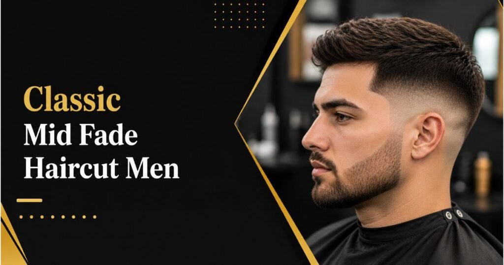 Classic mid fade haircut on a man with straight hair, side view.