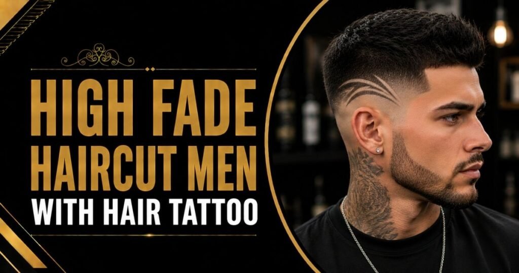 High Fade Haircut Men with Hair Tattoo