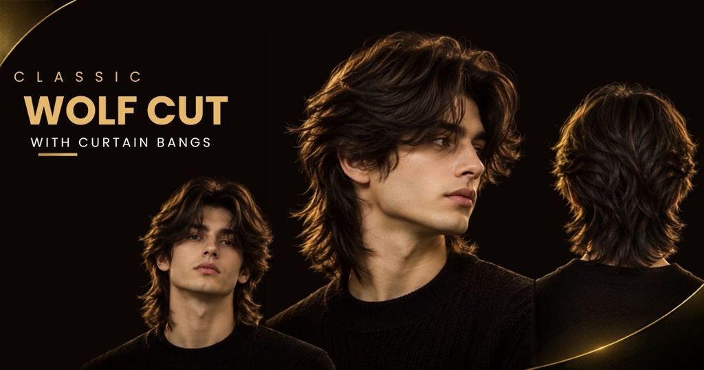 classic wolf cut with curtain bangs men